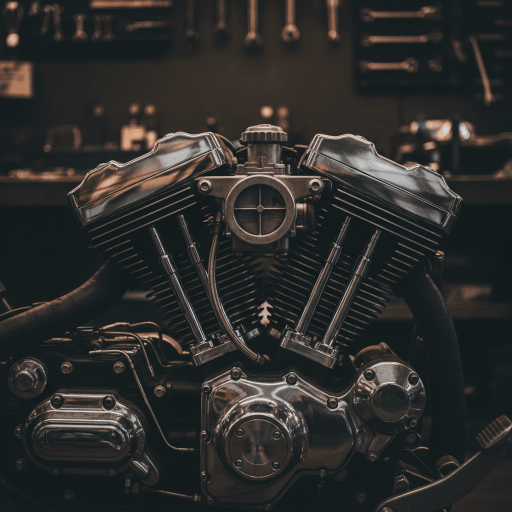 Motorradtechniker inspiziert Voge oder Benda Motorradmotor in der Werkstatt