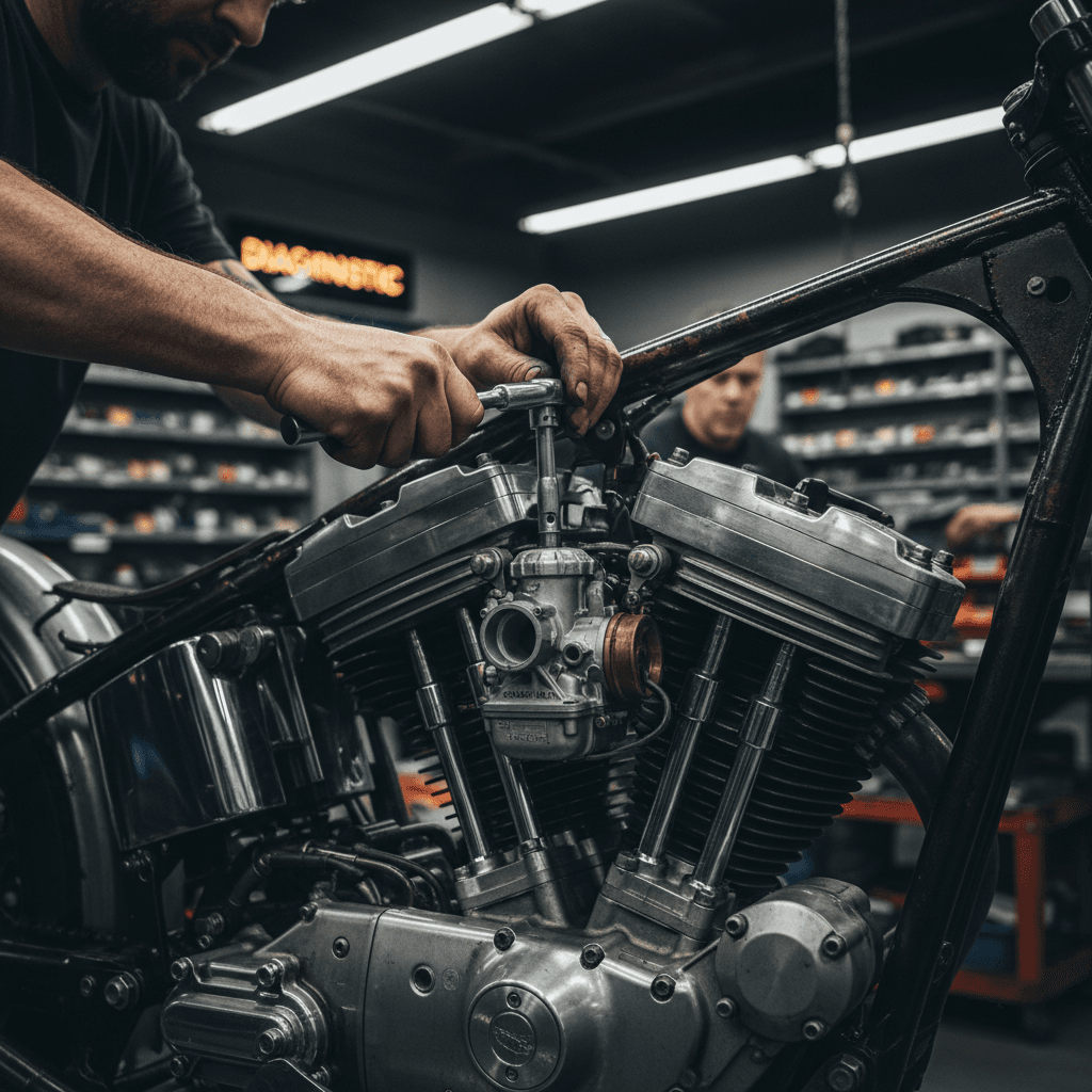 Mechaniker repariert Motorradmotor mit Präzisionswerkzeugen